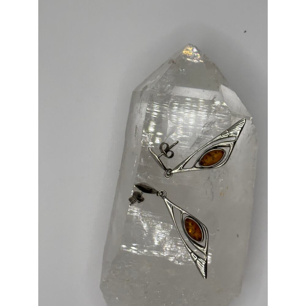 Vintage Handcrafted 925 Silver Dangle Earrings with Amber Stone - Picture 9 of 13
